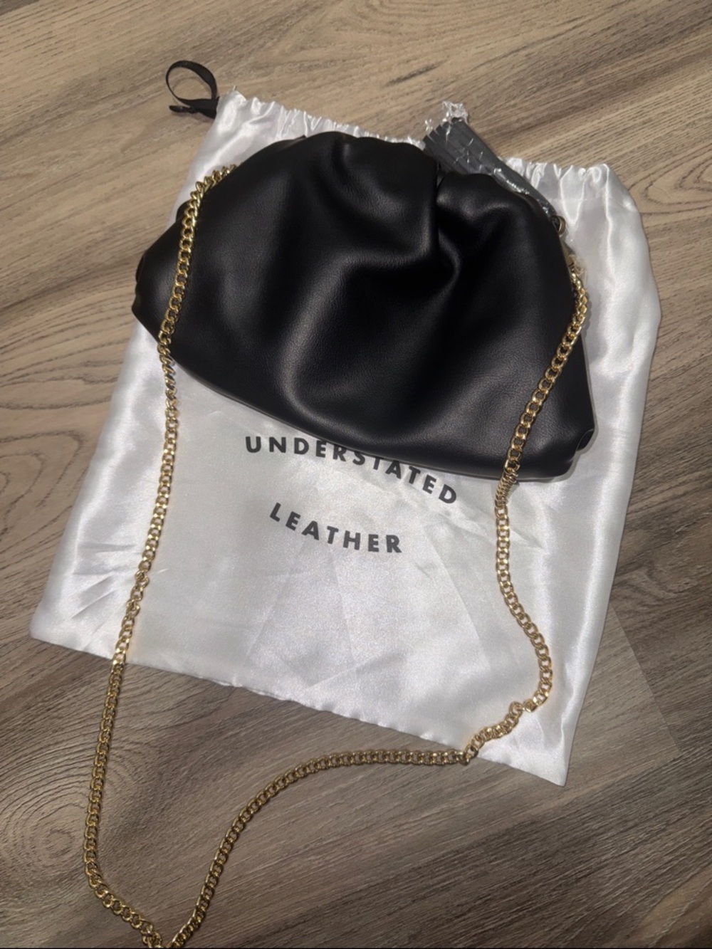Understated Leather Black Pouch Clutch Bag Gold Chain Ruched Crossbody - Picture 5 of 7
